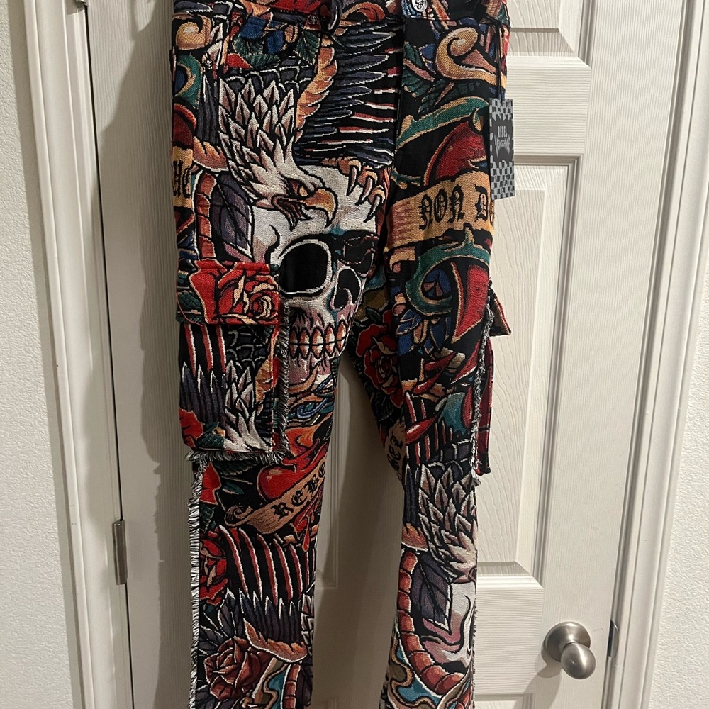 rebels Skull & Eagle Corduroy Graphic Pants - Black, Red, Green